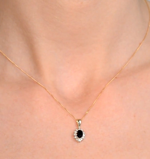 Sapphire 6 x 4mm And Diamond 9K Yellow Gold Pendant Necklace